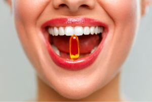 Woman with pill in her mouth
